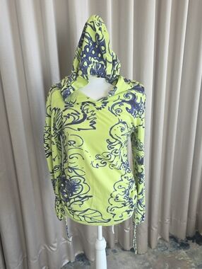 Title Nine Neon Yellow Hooded Swim Coverup with Navy Scroll Print